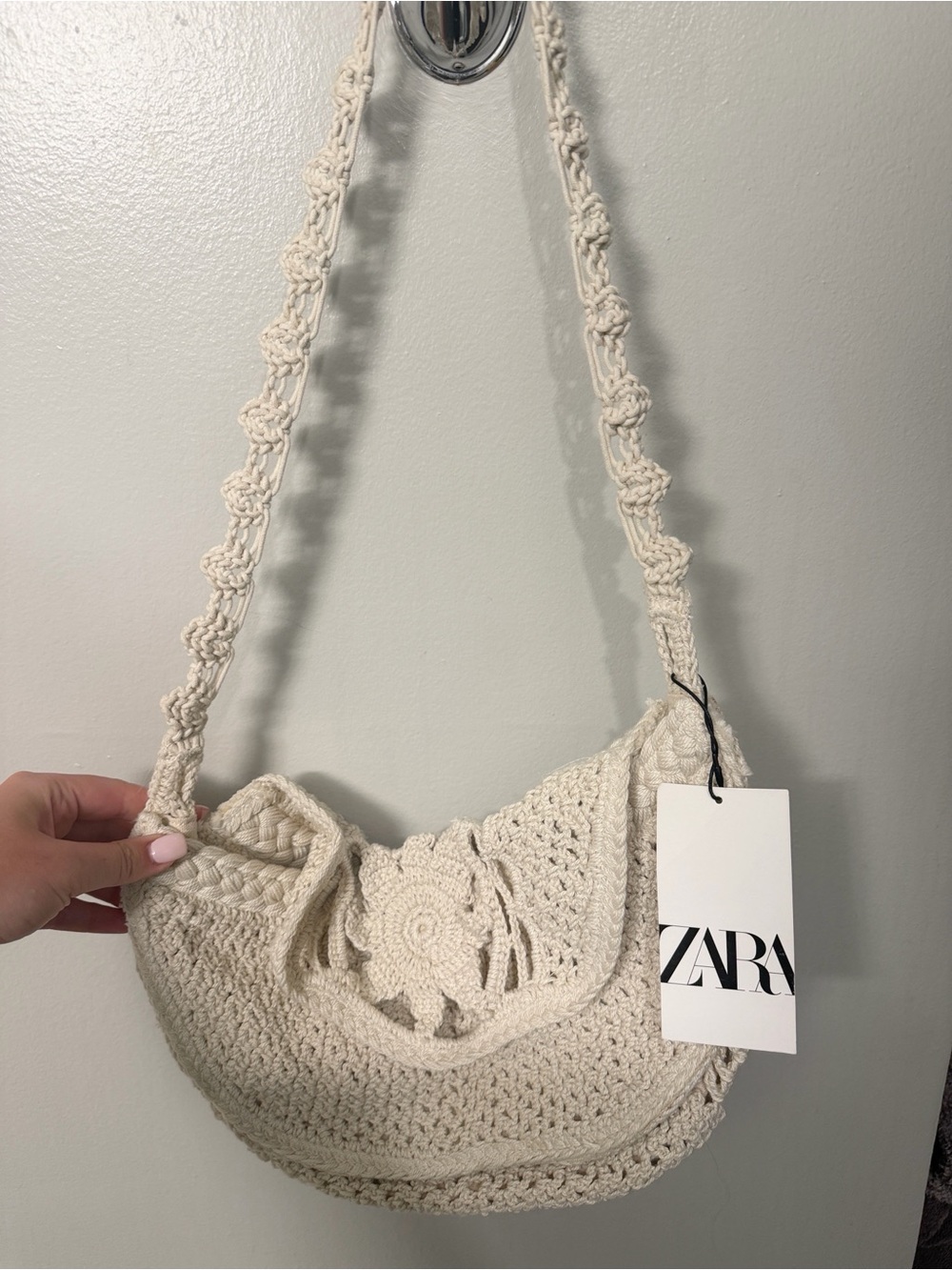 ZARA Cream Crochet Shoulder Bag with Braided Strap